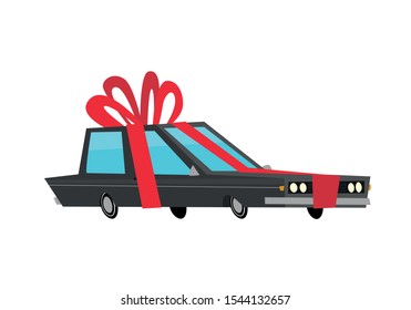 Car as a gift with a red ribbon bow. Christmas concept. Merry christmas. Gitf to you. Happy surprised. Christmas present. Retro. Vector Illustration on white background. Flat illustration.