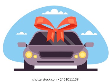 Regalo del coche con la oferta especial del arco atado concepto de compra. Ilustración gráfica de diseño de Vector	