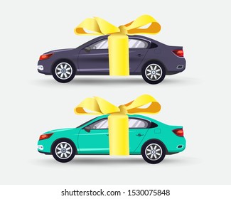 Car gift with a yellow ribbon bow vector illustration