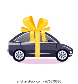 Car As A Gift With A Yellow Ribbon  Bow Vector Illustration