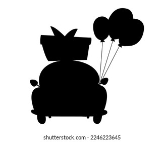 Car with gifts and air balloons, black silhouette, flat vector