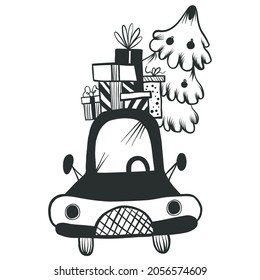 Car with gifts and Christmas tree. Hand drawn, doodle. Vector illustration