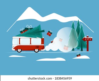 A car with gifts and a Christmas tree hurries home along a snowy road. Landscape. Illustration of preparation for the new year.