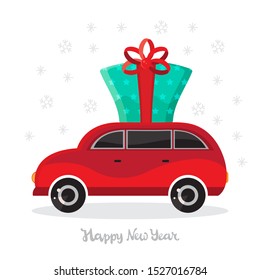 Car with gifts on a winter background. Christmas car toys with gift boxes of vector cartoon. Flat design vector festive holiday design element. Christmas and new year shopping. Children's illustration
