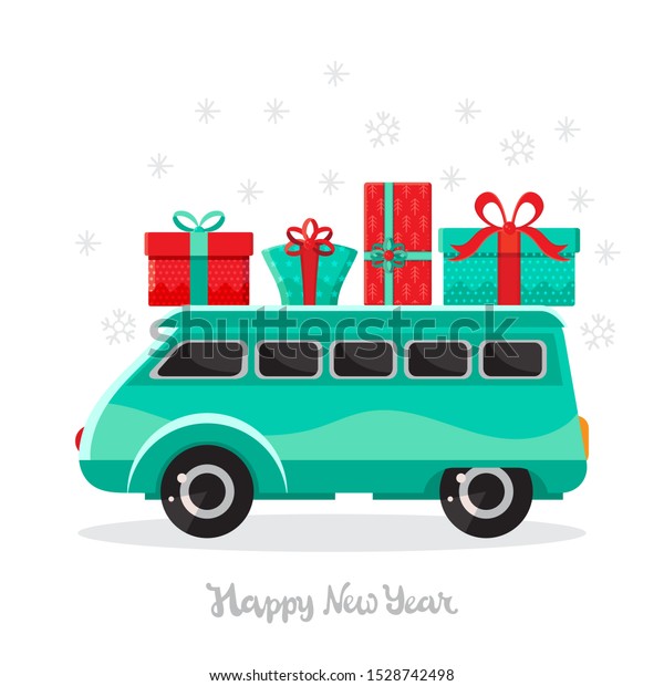 Car with gifts on a winter background.\
Christmas car toys with gift boxes of vector cartoon. Flat design\
vector festive holiday design element. Christmas and new year\
shopping. Children\'s\
illustration