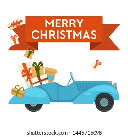 Car with gifts or presents merry Christmas greeting card vector cabriolet and boxes in wrapping paper with bow Xmas celebration and congratulation winter holiday postcard transport or vehicle.