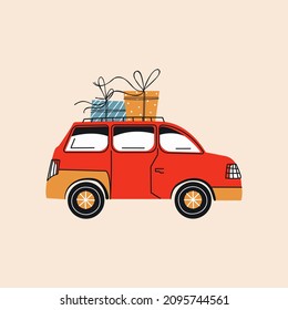 Car with gifts. The red car carries gifts in a flat style. Doodle, hand-drawn illustration. Clipart. The object is isolated.