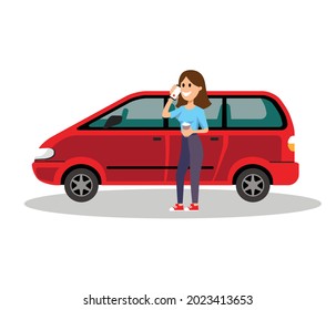 car. girl talking on the phone next to her car. vector icon in flat style