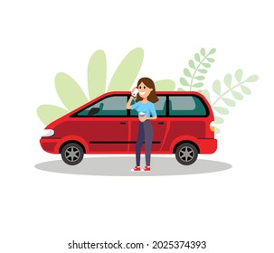 car. girl talking on the phone next to her car. vector icon in flat style