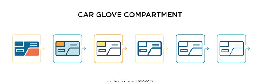 Icono vectorial del compartimento de guante de coche en 6 estilos diferentes y modernos. Negro, dos colores de los iconos del compartimento de guantes del coche diseñados en el estilo relleno, contorno, línea y trazo. La ilustración de vector se puede utilizar para 