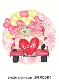 Car Gnomes Love Valentine Vector illustration. Valentine Background