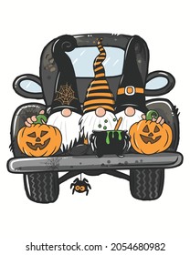 Car Gnomess Pumpkin Happy Halloween Vector illustration. Happy Halloween Background Vector illustration