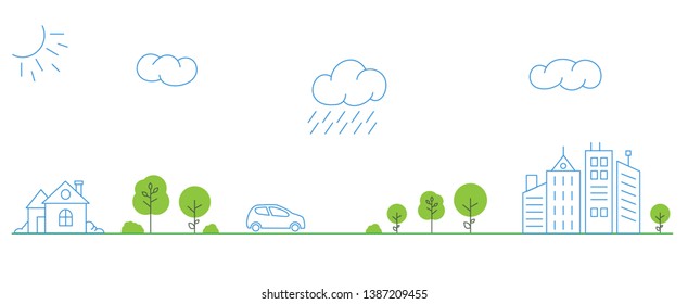 A Car Goes On The Road From A Small Town To A Big City. Flat Vector Outline Style Illustration.