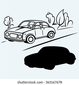 Car goes on the road in the woods. Isolated on blue background. Vector silhouettes