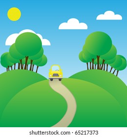 The car goes on the way to a background of the blue sky