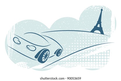 The car goes on the way to Eiffel Tower in Paris