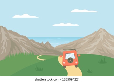 Das Auto fährt durch die Felder durch die Berge zum Meer.