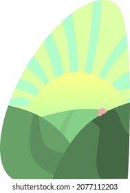 car goes through the mountains. vector illustration with the rising sun. illustration for children's books, magazines, booklets.
