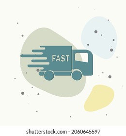 The car is going at high speed, vector icon. A symbol of  fast delivery of cargo by a logistics company.  Business illustration car free fast delivery on multicolored background.
