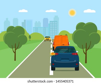 The car is going to overtake on a suburban highway. Vector flat style illustration.