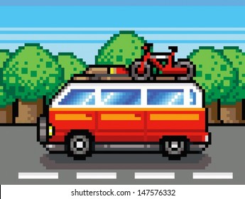 car going for summer holiday trip - retro pixel vector illustration