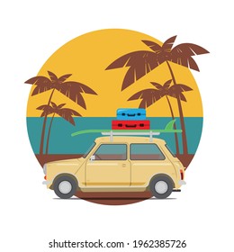 Car going vacation to the beach. Cars carry travel necessities to go to the beach surfboards and suitcases. Flat vector illustration.