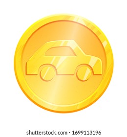 Car gold coin icon isolated on white background. Automobile metal logo for mobile app design. Travel Simple pictogram. Transport Graphic element for vector interface.