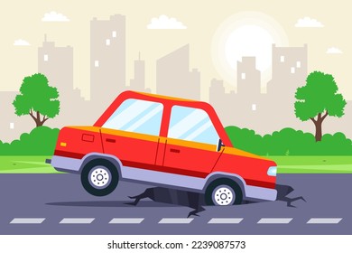 the car got into a pothole on the highway. bad roads. flat vector illustration.