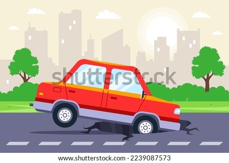 the car got into a pothole on the highway. bad roads. flat vector illustration.