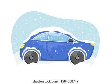The car got stuck during a snowfall in a snowdrift. Flat vector illustration.