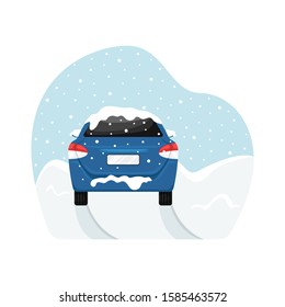 The car got stuck during a snowfall in a snowdrift. Flat vector illustration.