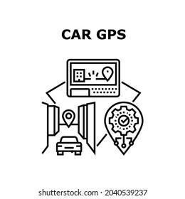 Vektor-Vektorsymbol-Konzept des Pkw-GPS-Gerätes. Fahrzeug-GPS-Gerät zur Anzeige von Position und Suche nach Wegrichtung. Elektronisches Navigationsgerät und Anwendung für die Schwarze Bildsuche auf der Suche