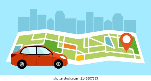 Car gps navigation tracking concept vector illustration. Car with map in flat design.