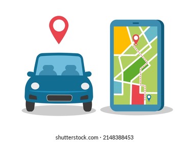 Car gps navigation tracking concept vector illustration. Car with city map car route on smartphone screen in flat design.