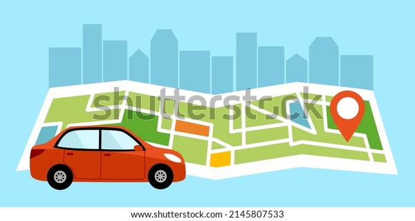 Car gps navigation tracking concept\
vector illustration. Car with map in flat\
design.