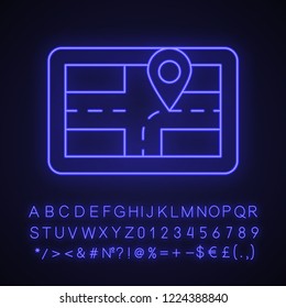 Car GPS navigator neon light icon. High-precious autonomous car navigation. Route searching device. Getting directions. Digital mapping. Glowing alphabet, numbers. Vector isolated illustration