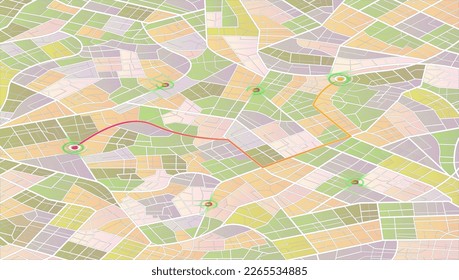 Car GPS navigator screen. Location tracks dashboard. Town roadmap. City streets and blocks, route distance data, path turns and destination tag or mark. Huge city top view. Isometric