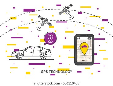 Car GPS search vector illustration. Navigation technology for automobile or motor vehicle creative concept. GPS satellites help to find car graphic design.
