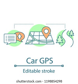 Car GPS system concept icon. GPS navigation idea thin line illustration. Mapping. Route searching. Vector isolated outline drawing. Editable stroke