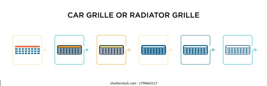 Autogrille oder Heizgitter Vektorsymbol in 6 verschiedenen modernen Stilen. Schwarze, zweifarbige Grillsymbole oder Radiatorgrillsymbole, die in voller Umriss-, Linien- und Schlagrichtung entworfen wurden. Vektorgrafik 