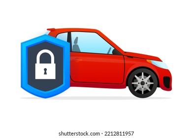 Car Guard Shield Sign. Vehicle Insurance Logo Emblem. Red Sport Car Front View, Driver Flat Security System Badge. Vector Illustration.