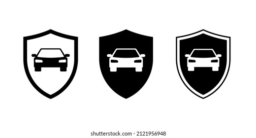 Carteles de protección de coches. Modelos de logotipo de seguros de vehículos o tiendas de automóviles. Iconos negros de la vista frontal del automóvil. Colección de insignias del sistema de seguridad del controlador. Blootipos aislados de los vectores
