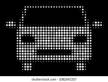 Car halftone vector icon. Illustration style is dot iconic Car symbol on a black background. Halftone matrix is circle dots.