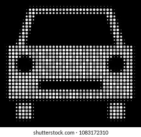 Car halftone vector icon. Illustration style is dotted iconic car symbol on a black background. Halftone matrix is created of spheric items.