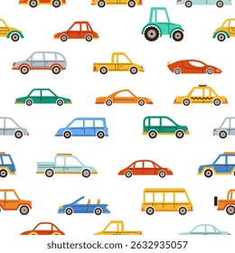 Car hand drawn cartoon seamless pattern. Cute different auto transport pickup, taxi sedan endless boundless background design. Simple repeat print wallpaper with car vector illustration for children