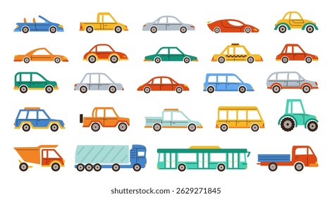 Car hand drawn cartoon style set. Colorful cute different transport pickup, bus tractor truck, taxi sedan collection. Simple icon car illustration for children textile cloth poster vector illustration
