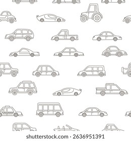 Car hand drawn doodle seamless pattern. Contour different auto transport endless boundless background childish design. Simple linear car funny repeat print, texture, wallpaper vector illustration