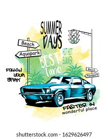 Car hand drawn with green background summer days vector illustration print boy t shirt