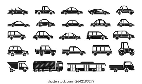 Car hand drawn style set. Silhouette and linear cute different shape transport pickup, bus tractor truck collection. Simple icon car illustration for children textile cloth, poster vector illustration