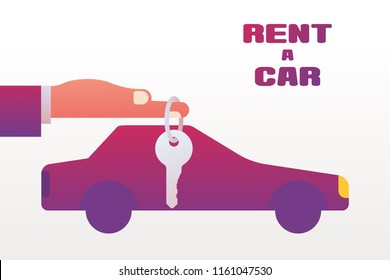 Car in hand. Give, show keys. Vector illustration flat design. Vehicle Isolated on background. Maybe as a template for the sale, purchase, rental, presentation.
